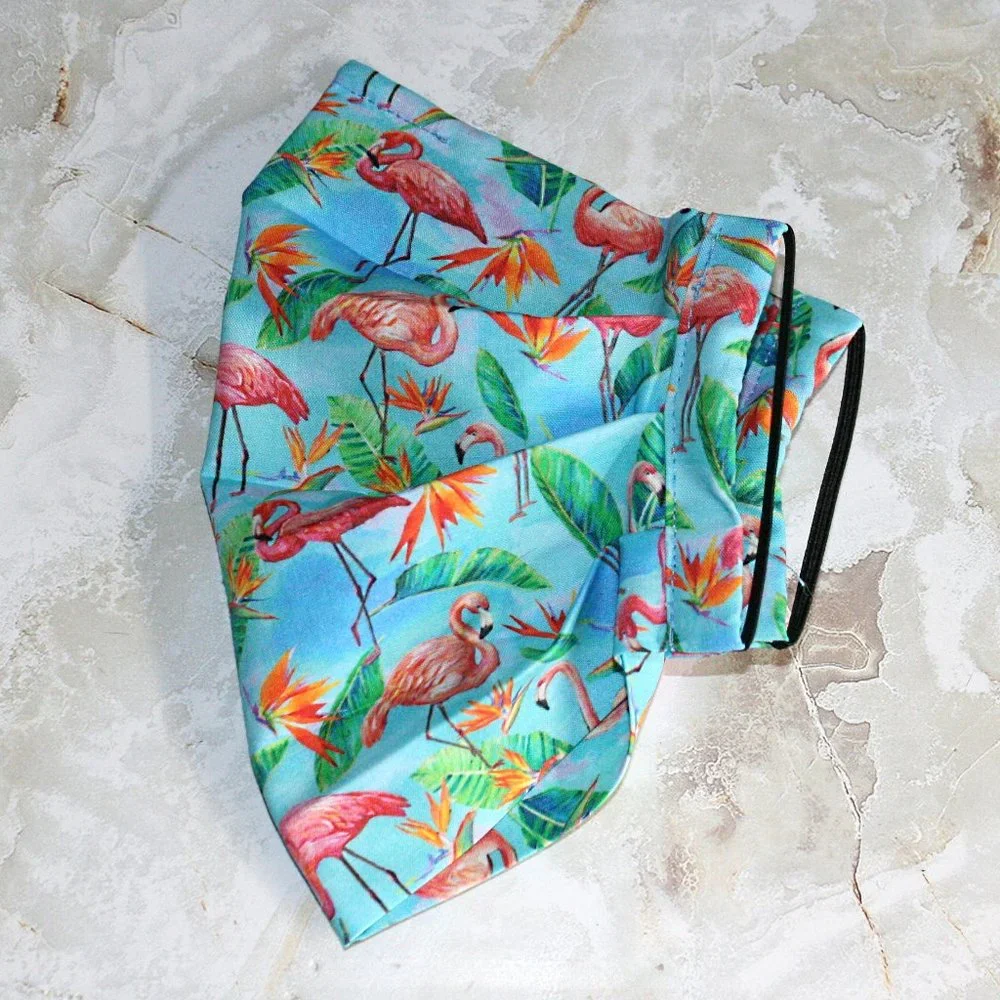 HAND CRAFTED Face Mask Blue Flamingos Adult Cloth Fabric Print - Pocket Style